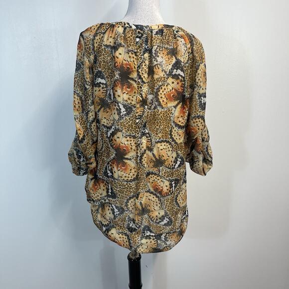 Grace Elements Tunic Top sz Medium Black Orange Butterflies Sheer Boho Pockets - Picture 8 of 9